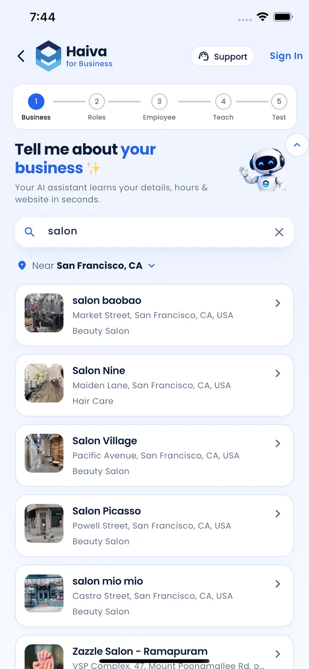 The business step in the Haiva for Business app